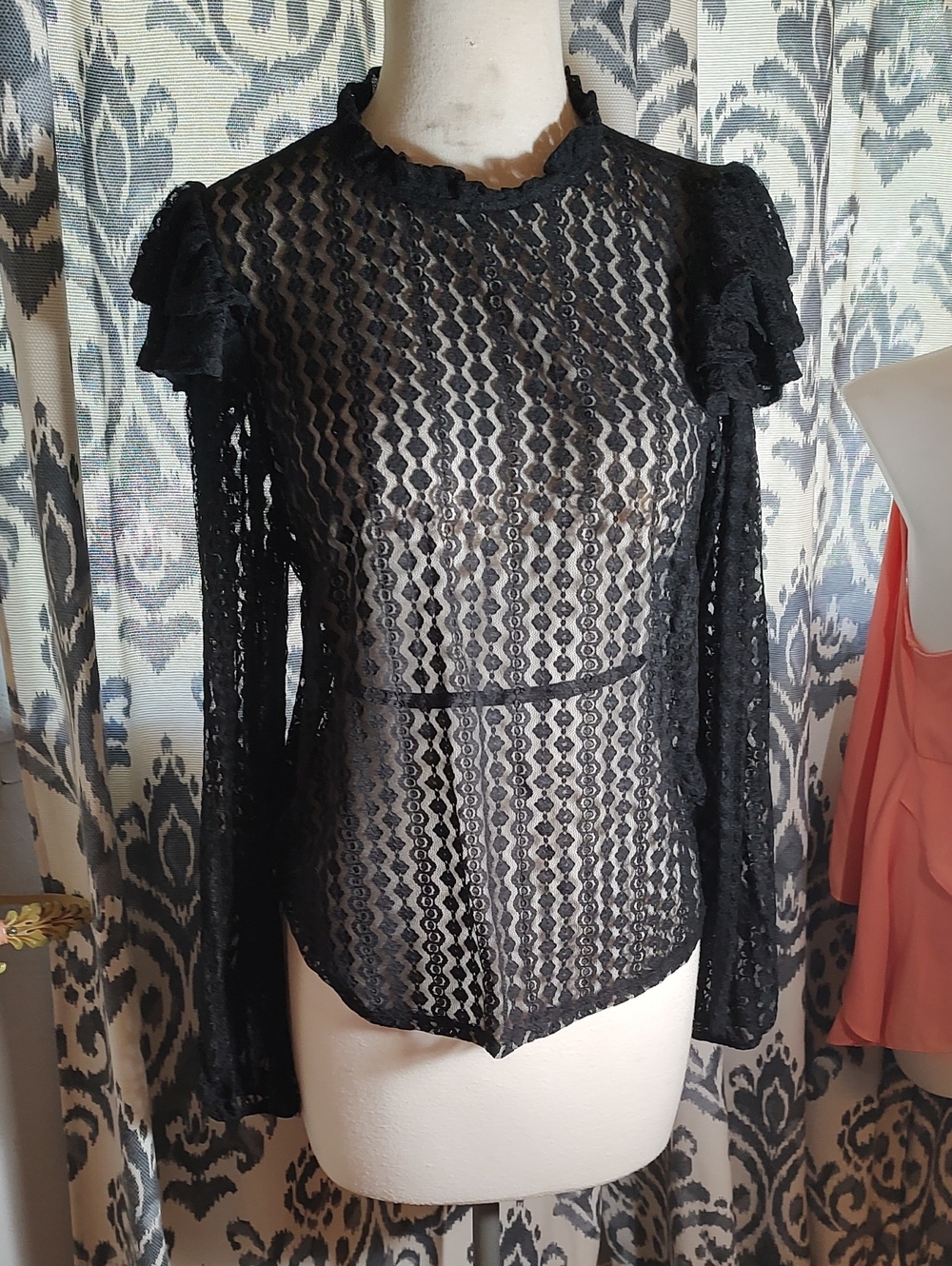 Black Lace Ruffle Long-Sleeve Sheer Top